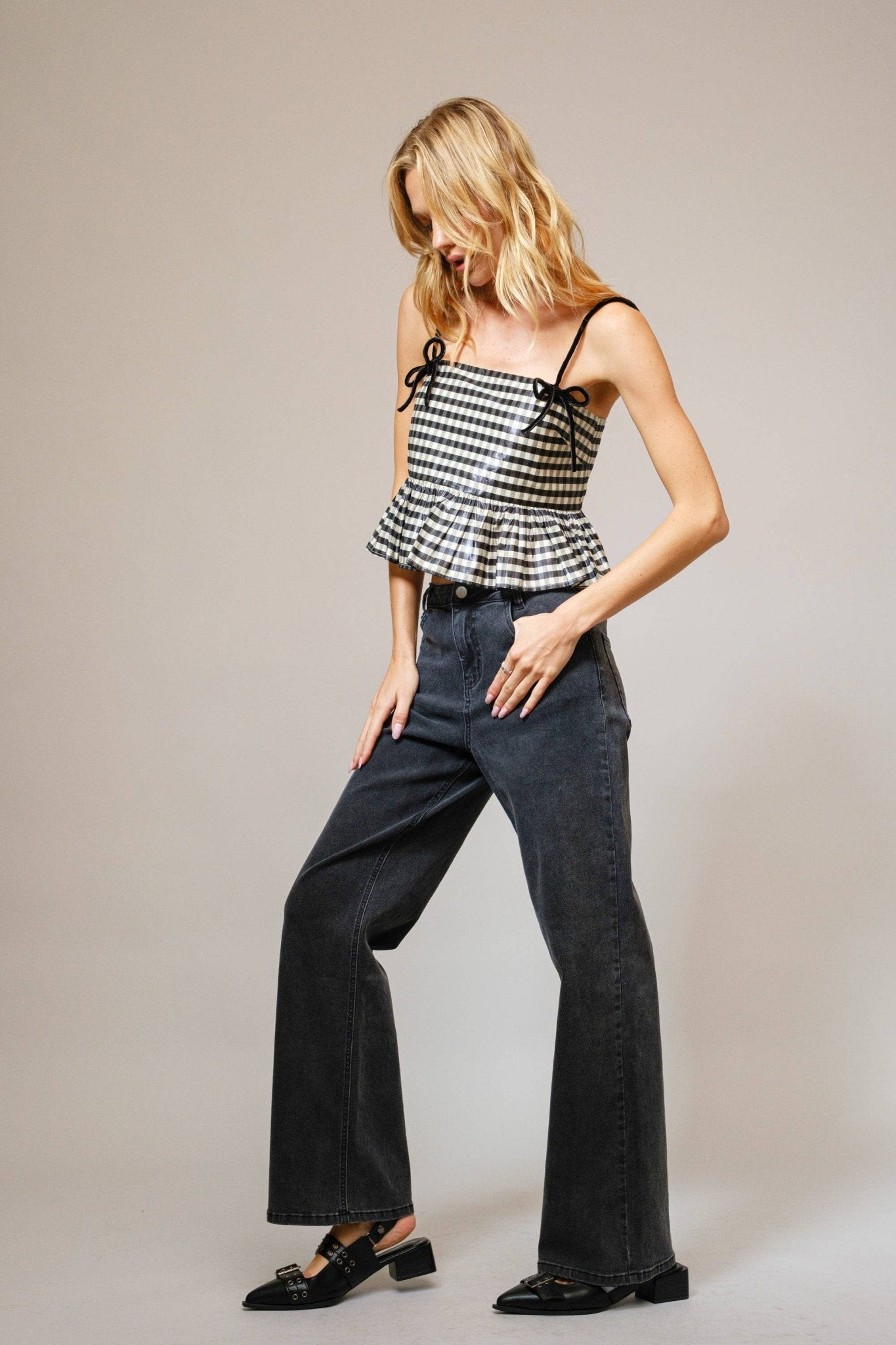 23314T - Sheen Gingham Peplum Bow Tank - Texas Front Porch