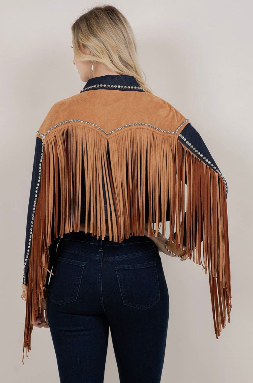 Contrast Yoke Fringe and Full Studded Denim Jacket