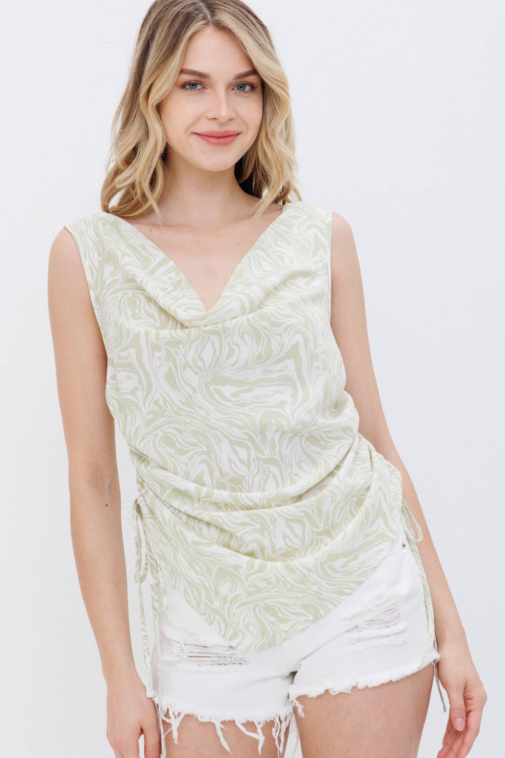 31666T - Koshibo Marble Print Cowl Neck Cinched Side Blouse - Texas Front Porch