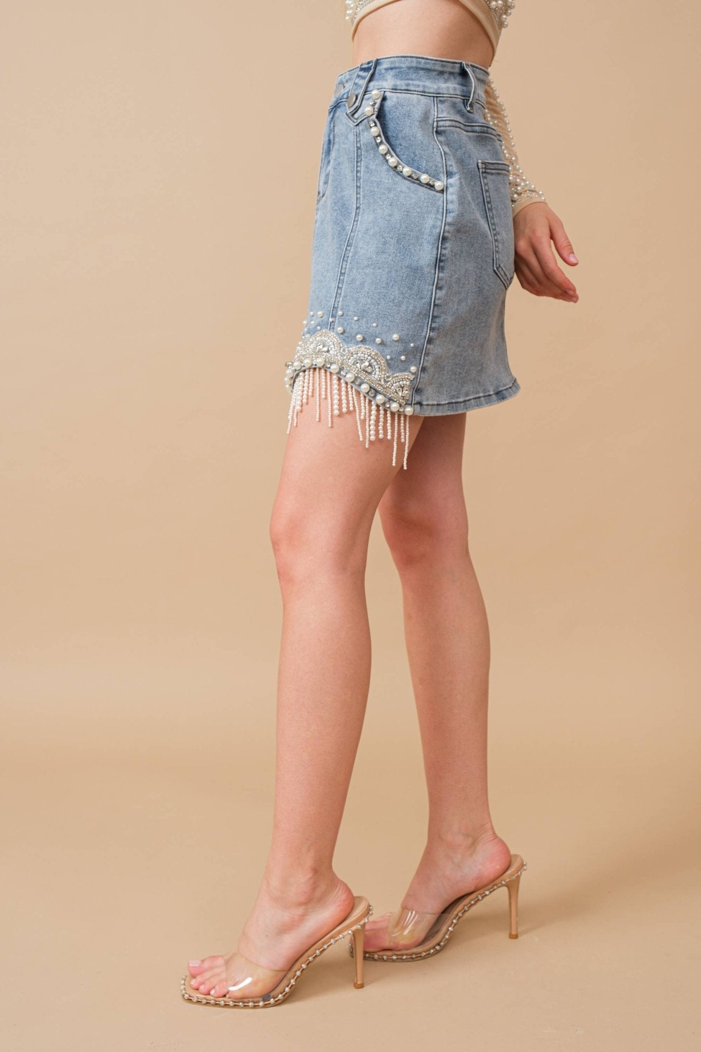 80038S - Stretch Denim Embellished Pearl Fringe Mini Skirt - Texas Front Porch
