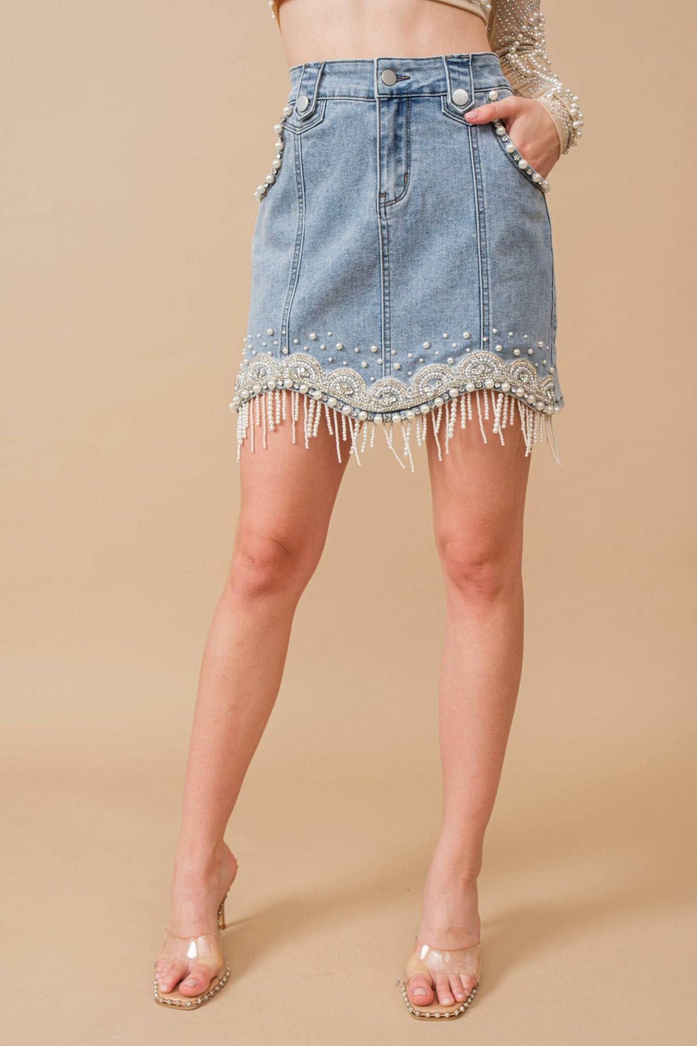 80038S - Stretch Denim Embellished Pearl Fringe Mini Skirt - Texas Front Porch