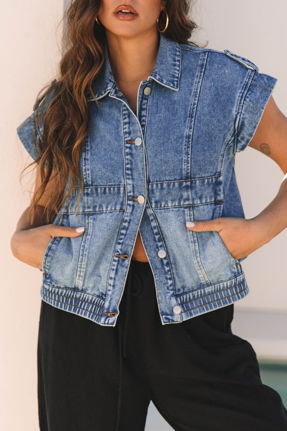Acid Wash Elastic Hem Button Up Denim Vest - Texas Front Porch