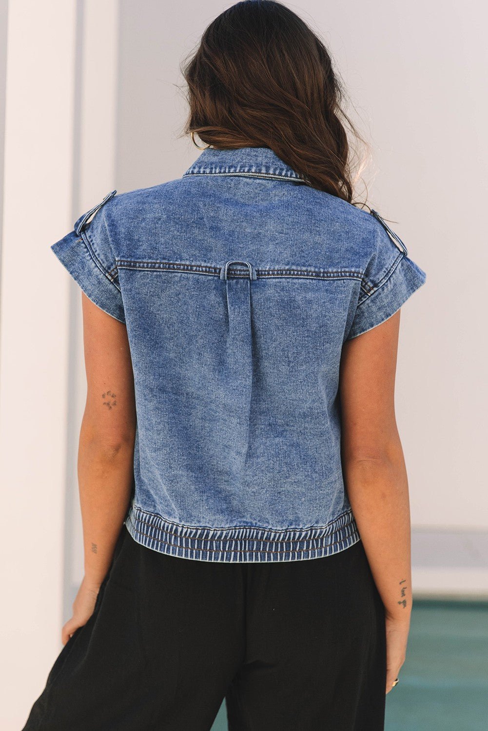 Acid Wash Elastic Hem Button Up Denim Vest - Texas Front Porch