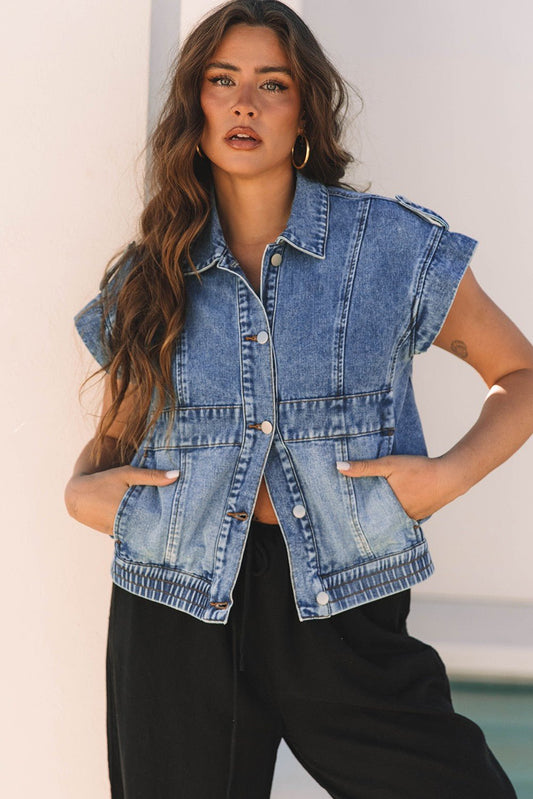 Acid Wash Elastic Hem Button Up Denim Vest - Texas Front Porch