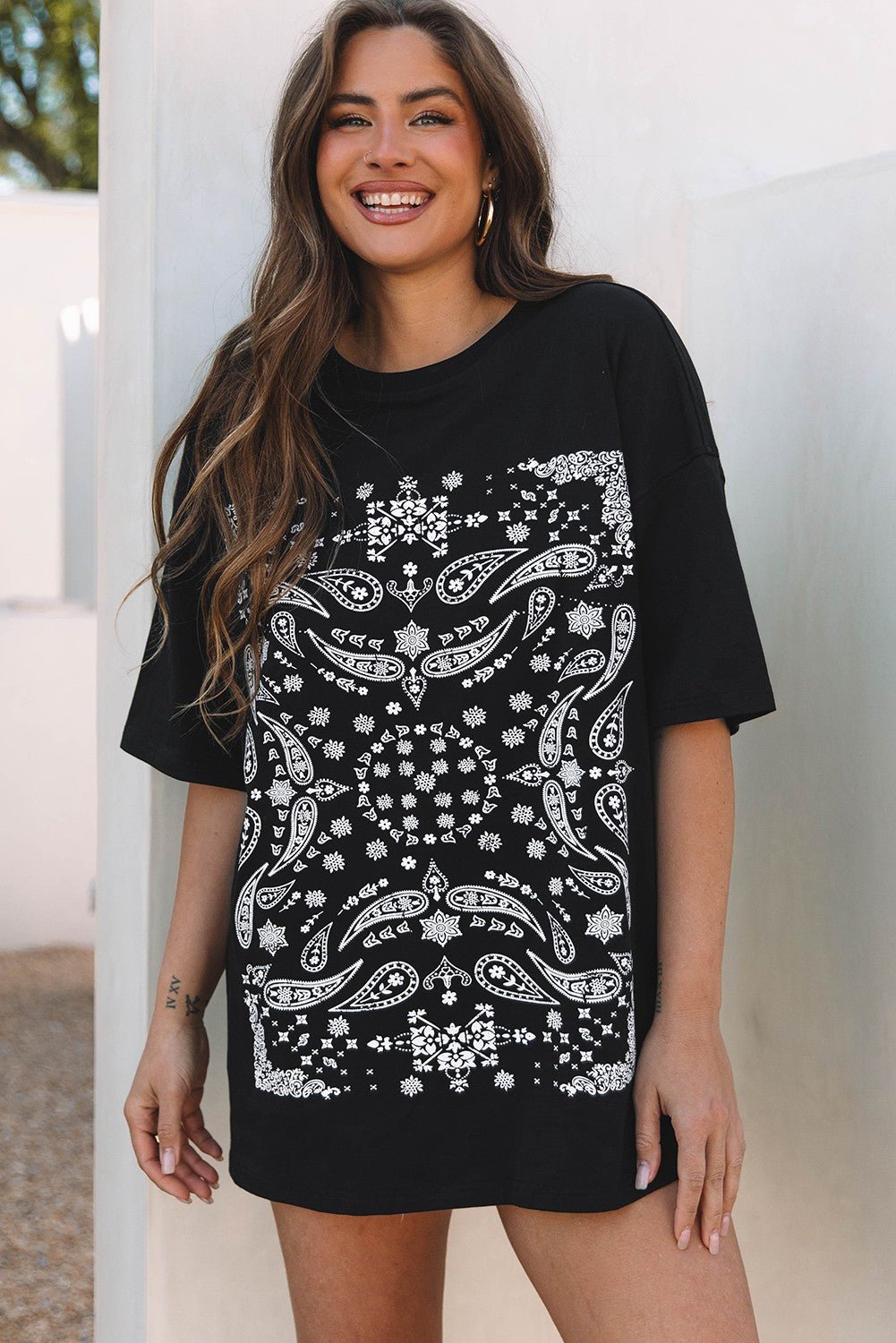 Black Paisley Print Crew Neck Loose Fit Tunic Tee - Texas Front Porch