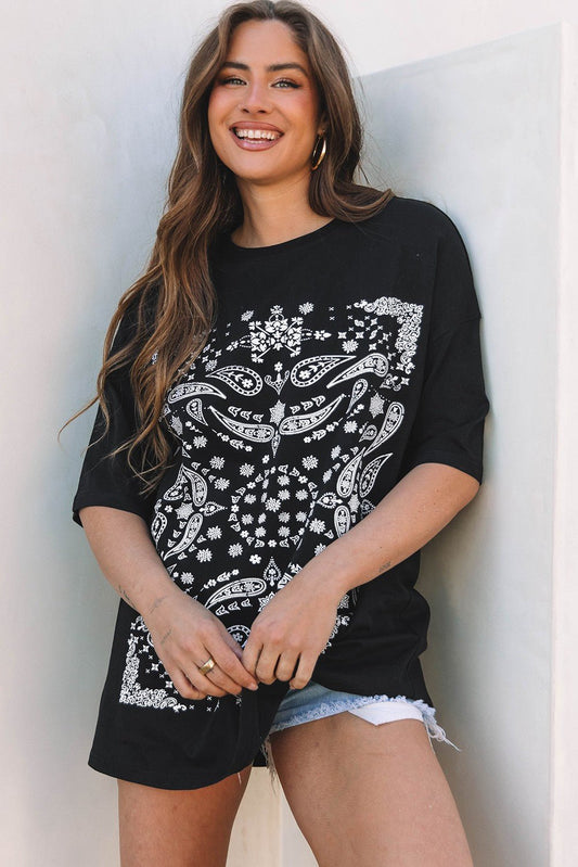 Black Paisley Print Crew Neck Loose Fit Tunic Tee - Texas Front Porch