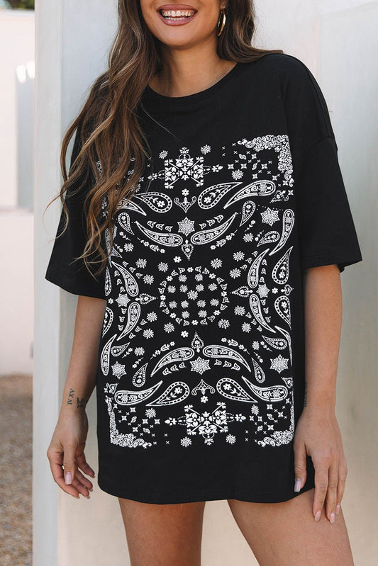 Black Paisley Print Crew Neck Loose Fit Tunic Tee - Texas Front Porch