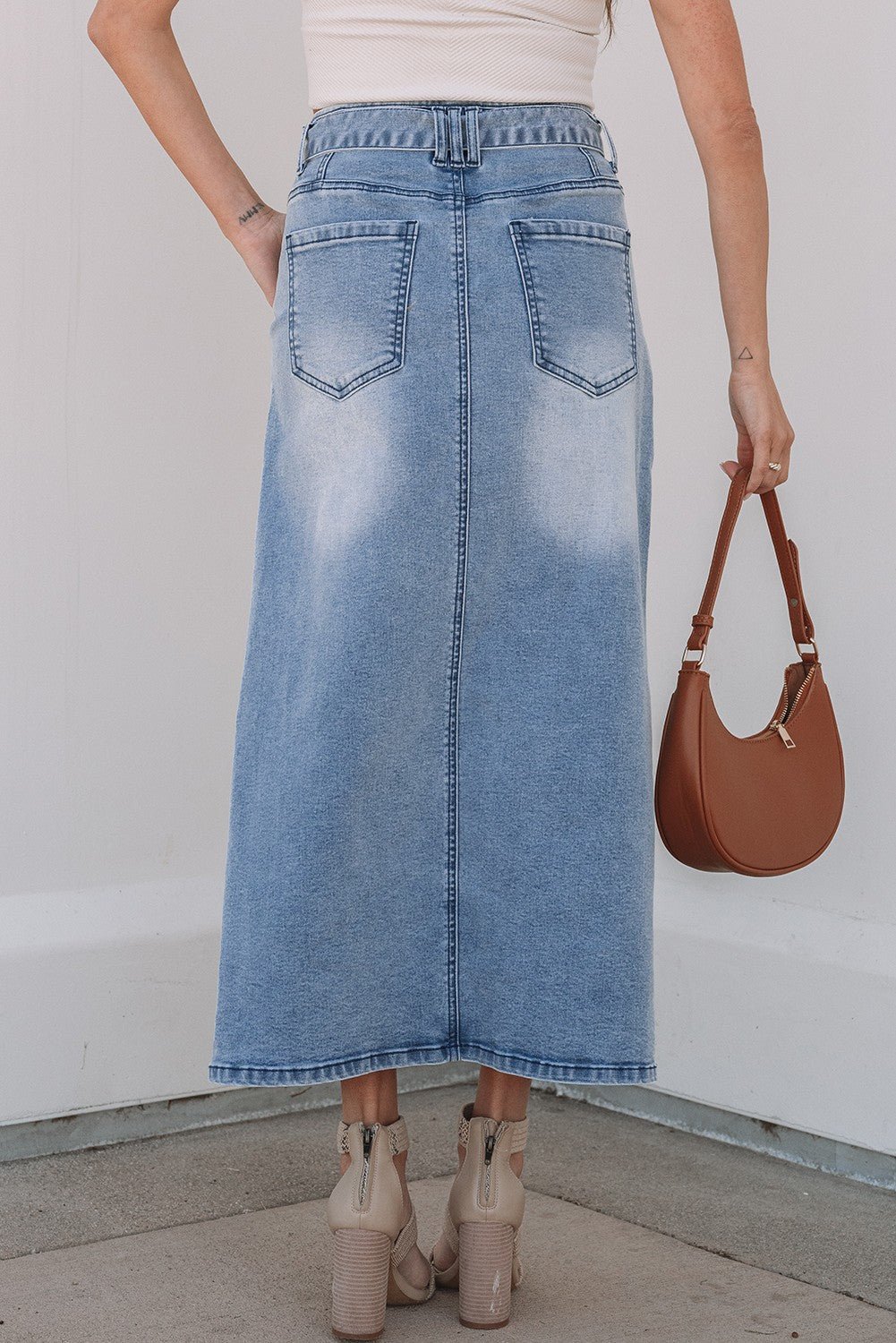 Blue Light Wash Belted High Waist Midi Denim Skirt - Texas Front Porch