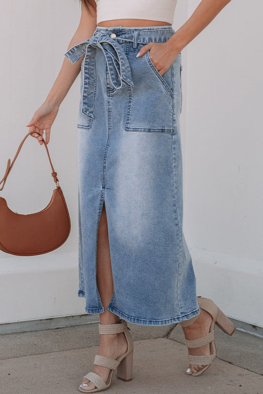 Blue Light Wash Belted High Waist Midi Denim Skirt - Texas Front Porch
