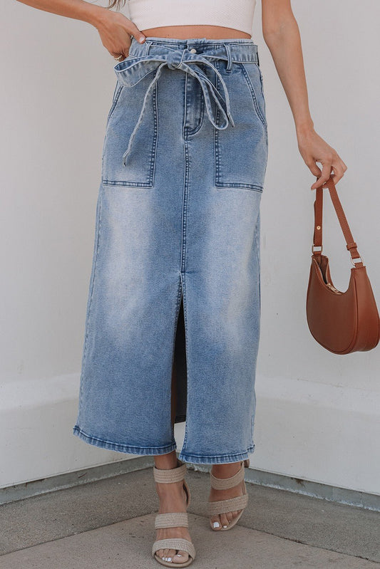 Blue Light Wash Belted High Waist Midi Denim Skirt - Texas Front Porch