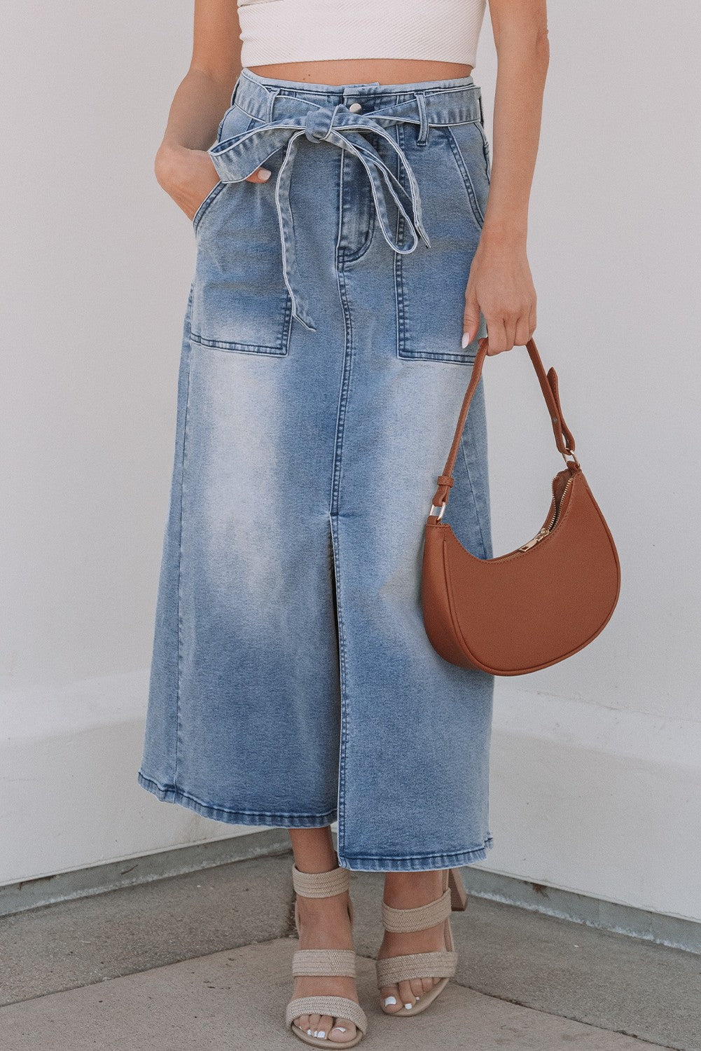 Blue Light Wash Belted High Waist Midi Denim Skirt - Texas Front Porch