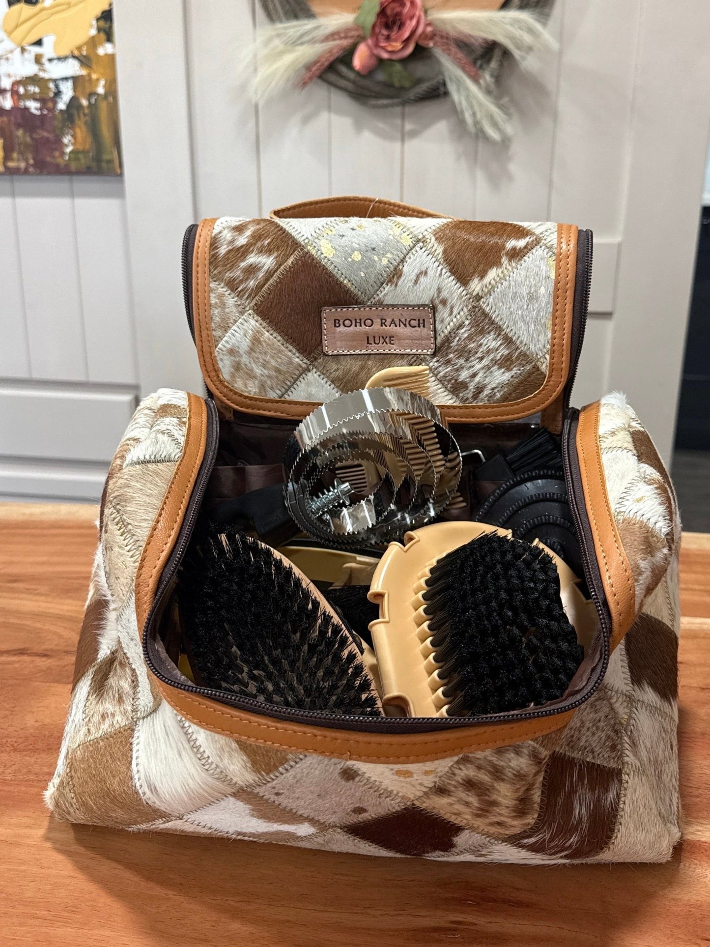 BOHO LUXE TOILETRY bag Genuine Hair On travel storage - Texas Front Porch