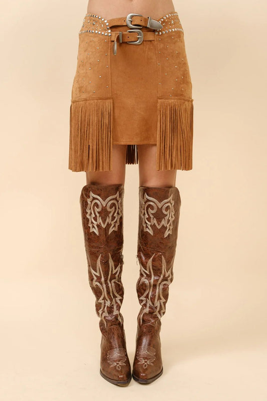 Double Belted Studded Fringe Mini Skirt - Texas Front Porch