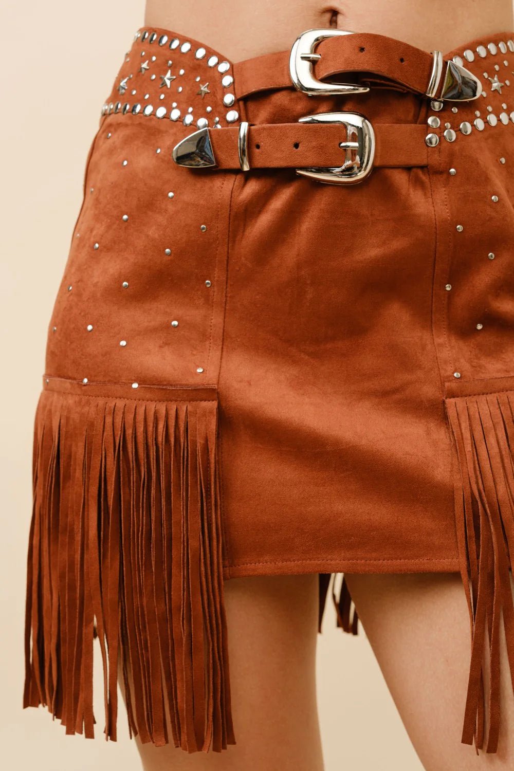 Double Belted Studded Fringe Mini Skirt - Texas Front Porch
