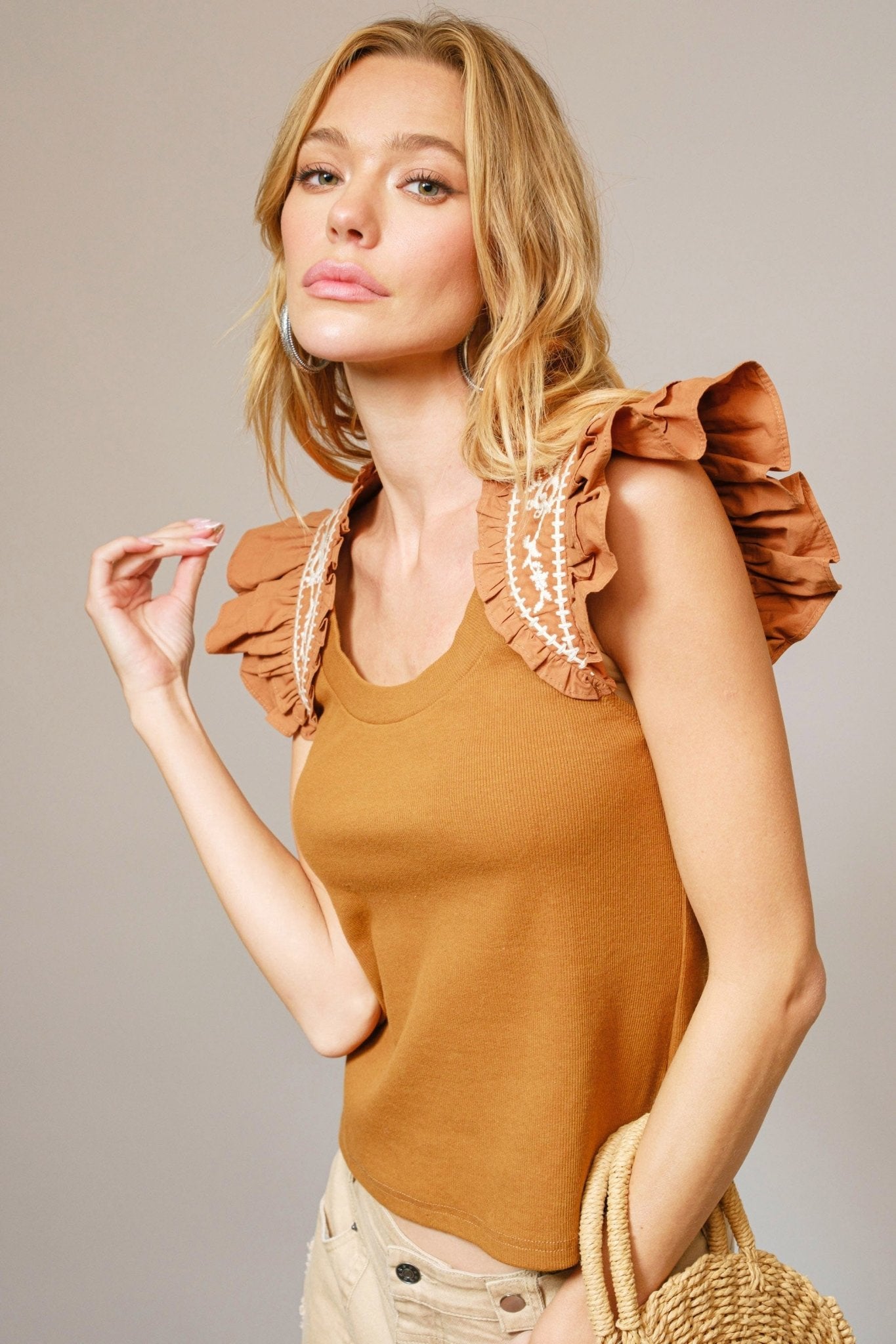 Embroidered Ruffle Shoulder Tank Top - Texas Front Porch