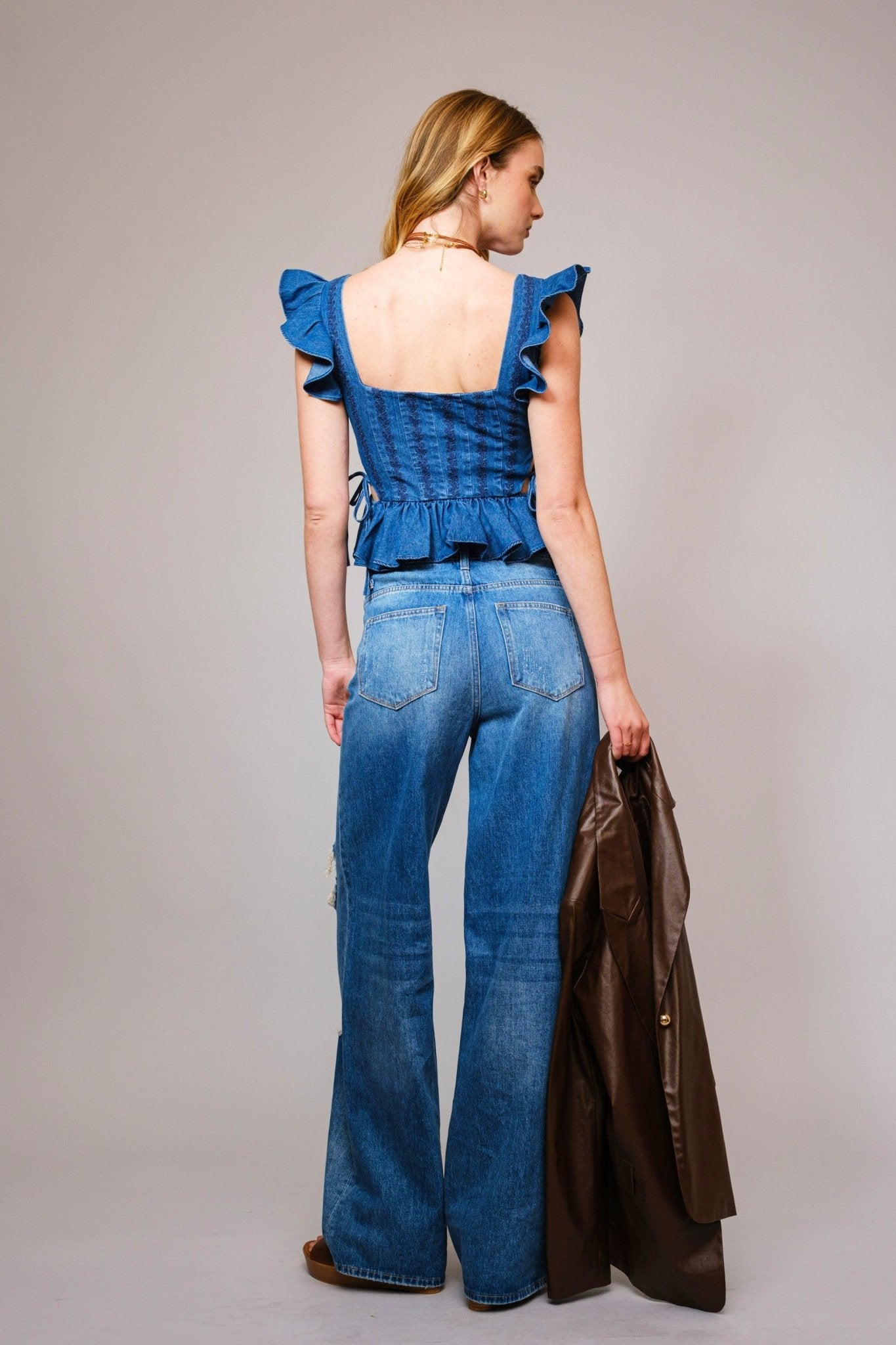Embroidered Ruffle Sleeve Denim Corset - Texas Front Porch