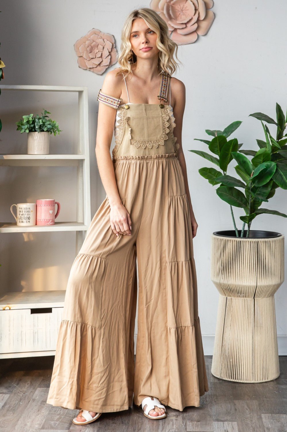 Embroidered Strap Flowy Jumpsuit Khaki / L Embroidered Strap Flowy Jumpsuit Khaki / L