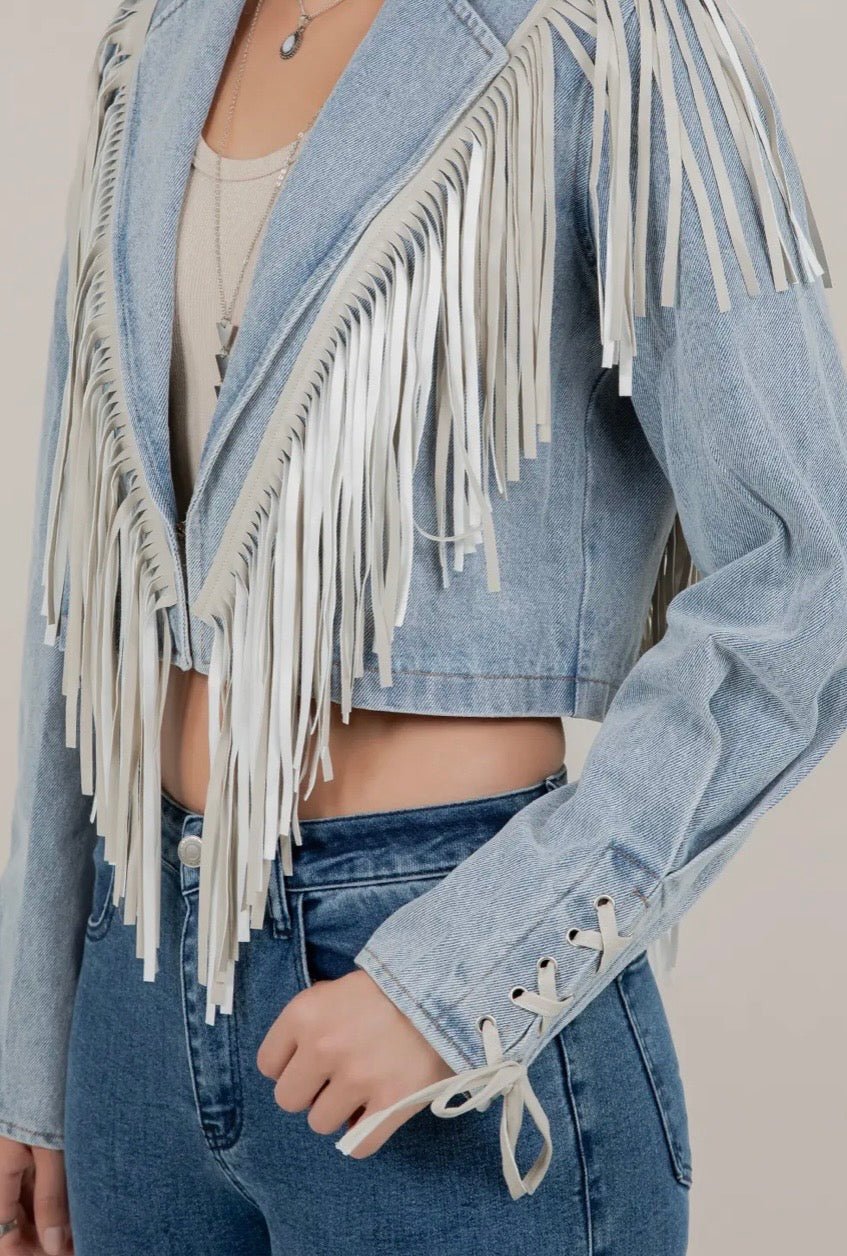 Fringed Cropped Denim Jacket - Texas Front Porch