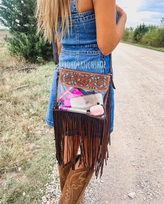 Hand Tooled Clear Purse Crossbody - Concert Game Day Stadium - Texas Front Porch