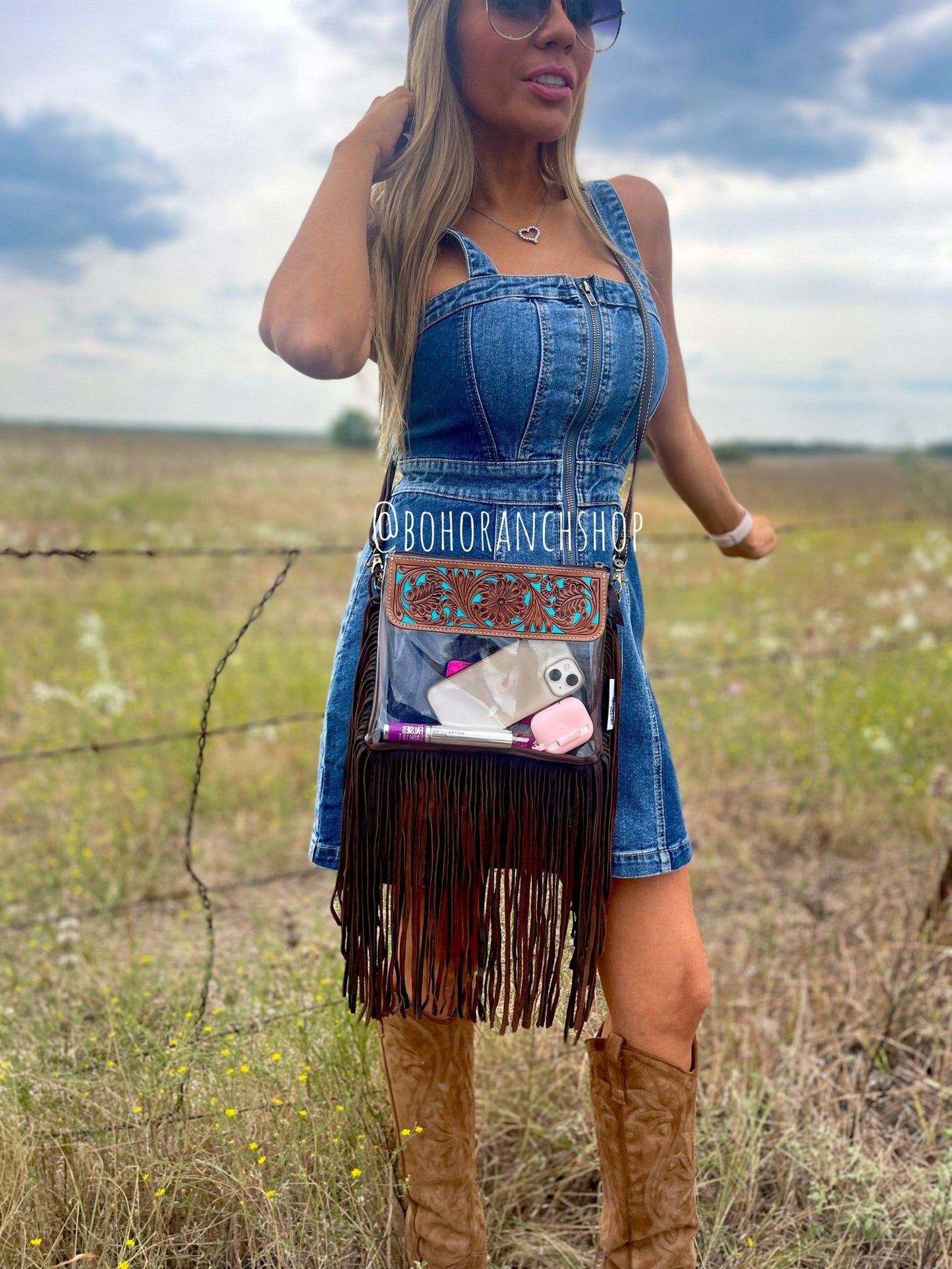 Hand Tooled Clear Purse Crossbody - Concert Game Day Stadium - Texas Front Porch