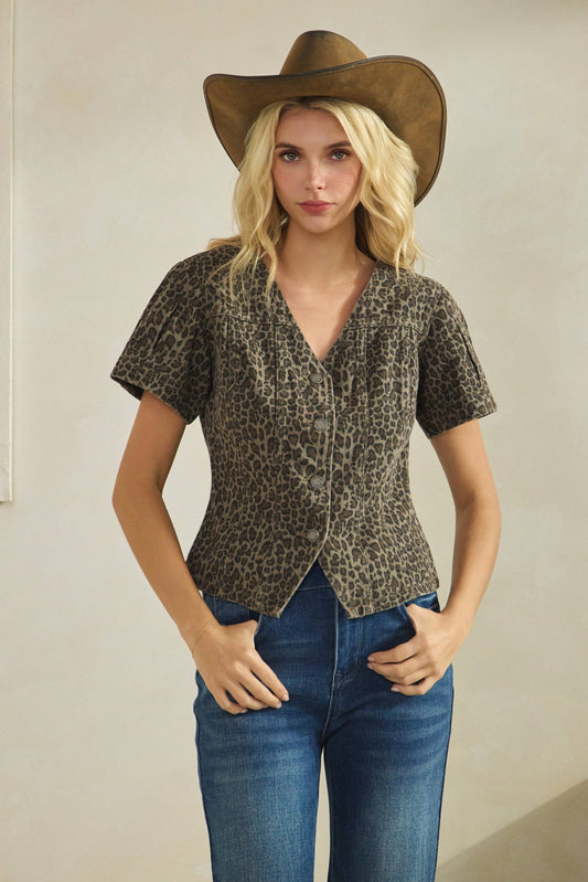 Leopard short sleeve denim top - Texas Front Porch