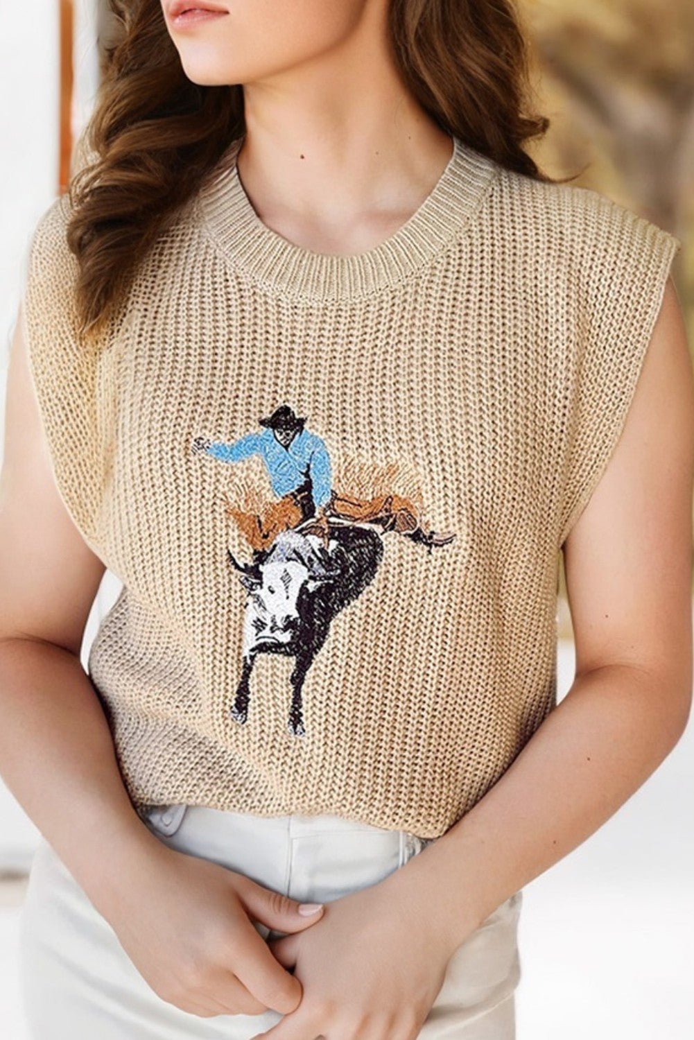 Parchment Western Cowboy Sleeveless Sweater - Texas Front Porch