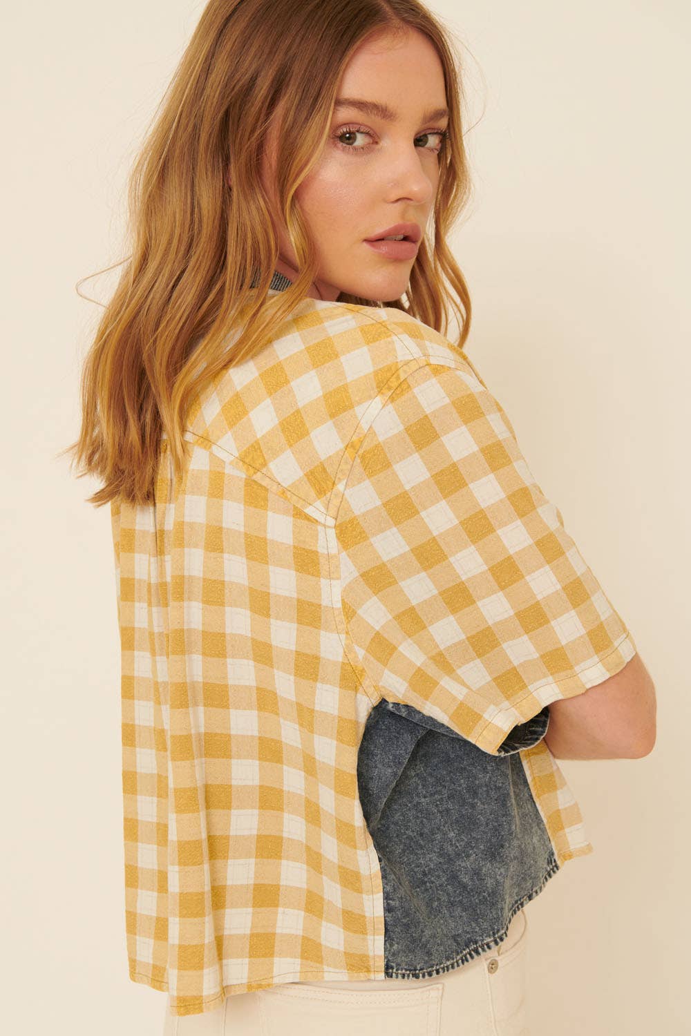 Plaid Contrast Denim Round Neck Zipper Front Top - Texas Front Porch