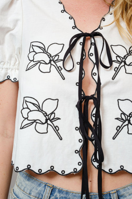 Puff Sleeve Embroidered Tie Front Blouse - Texas Front Porch