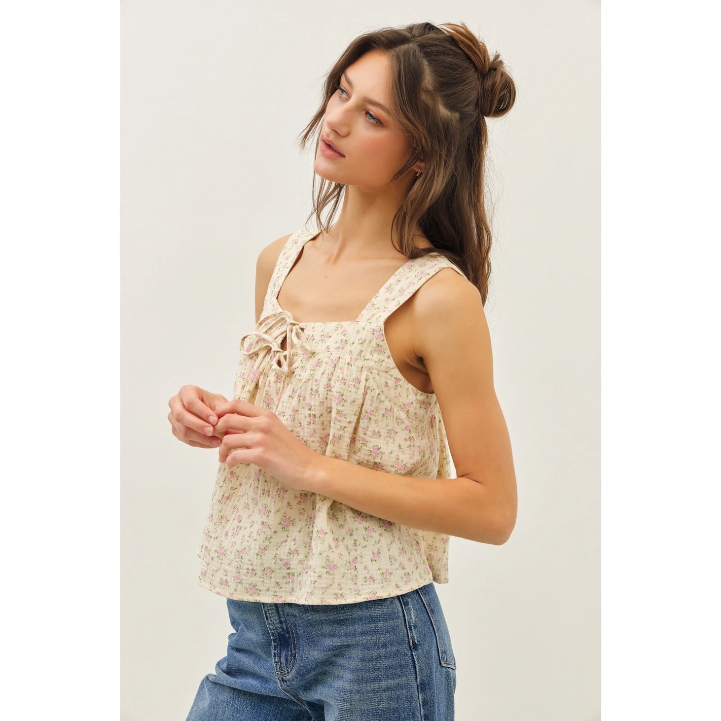 Ribbon Tie Front Square Neck Ditsy Floral Blouse - Texas Front Porch