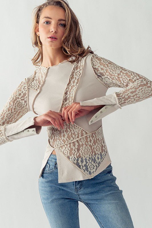 Sheer Floral Lace Rib Contrast Top - Texas Front Porch