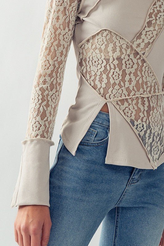 Sheer Floral Lace Rib Contrast Top - Texas Front Porch