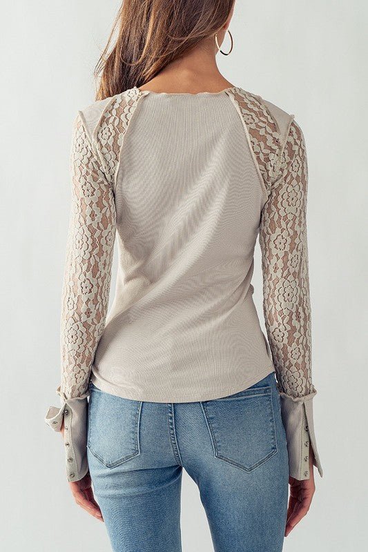Sheer Floral Lace Rib Contrast Top - Texas Front Porch