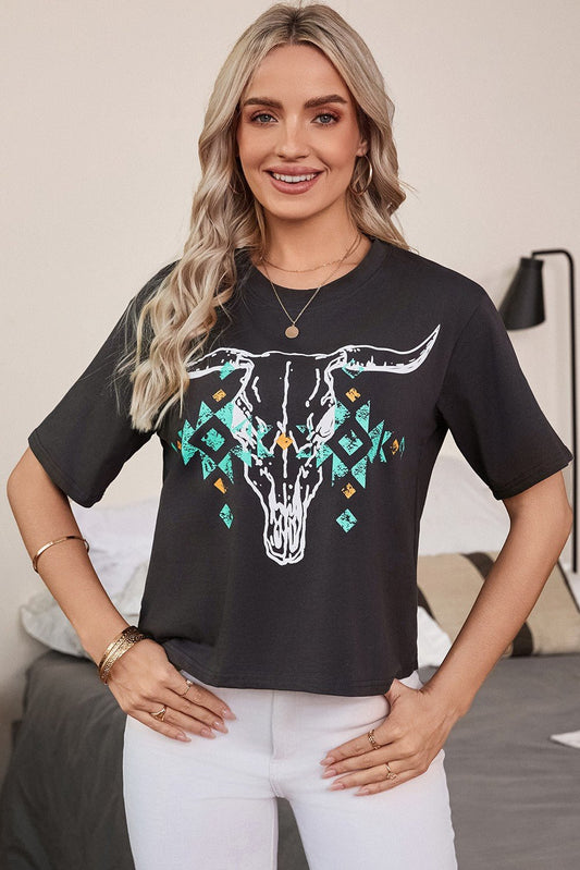 Western Bull Head Skull Turquoise Aztec T-Shirt - Texas Front Porch