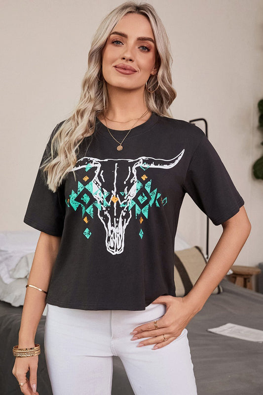 Western Bull Head Skull Turquoise Aztec T-Shirt - Texas Front Porch