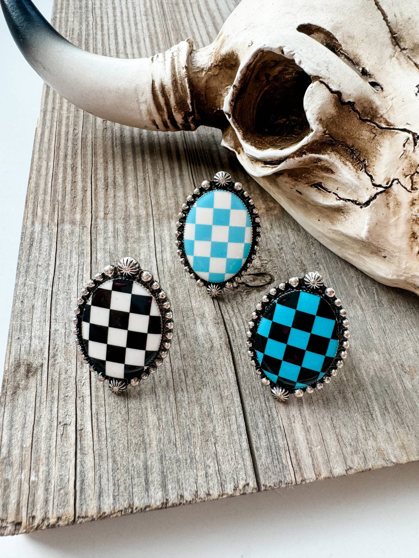 Western Checkered Cuff Ring - oval or lightning bolt - Texas Front Porch