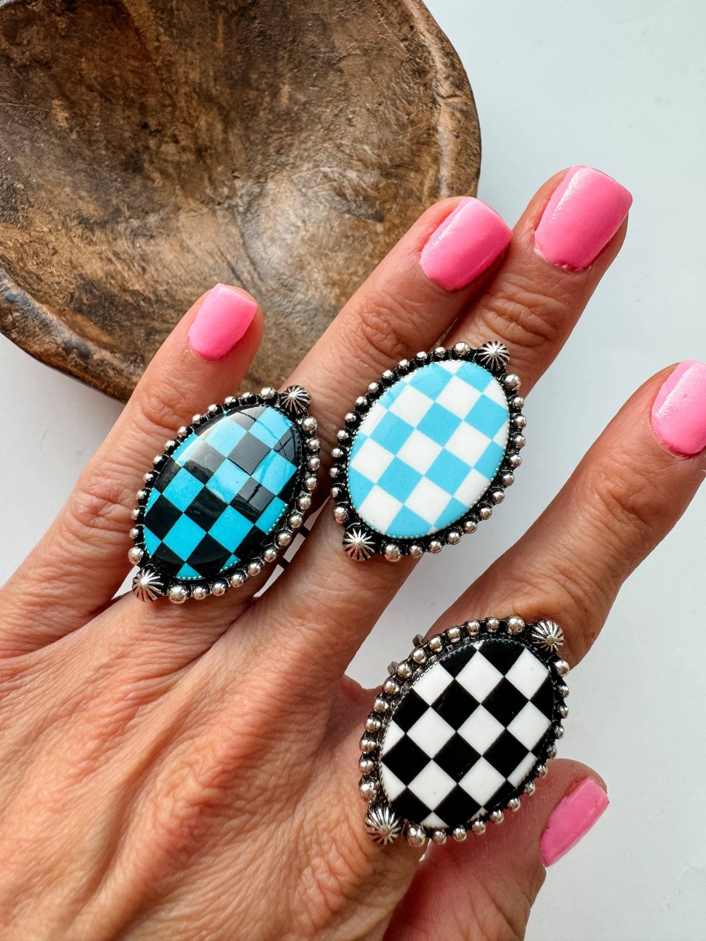 Western Checkered Cuff Ring - oval or lightning bolt - Texas Front Porch