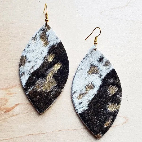 Leather Oval Earring - Mixed Metallic Hair on Hide - Texas Front Porch