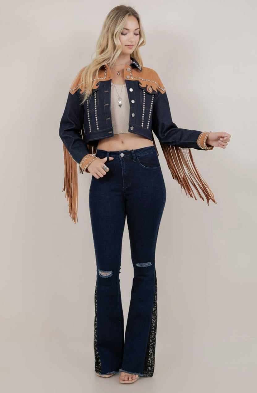Contrast Yoke Fringe and Full Studded Denim Jacket