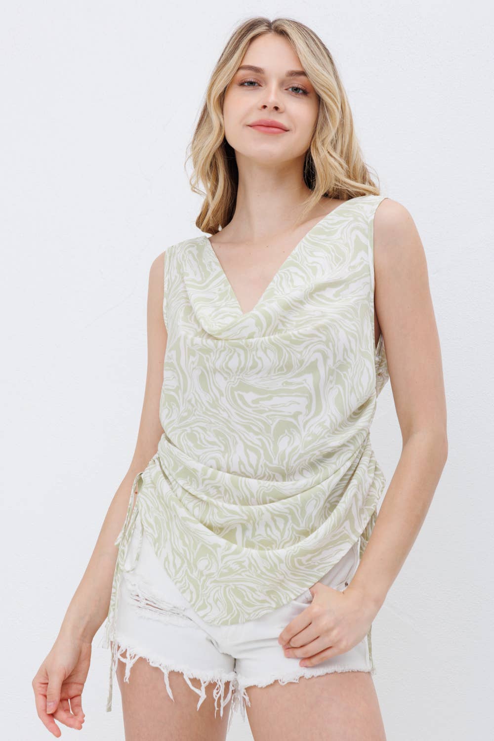 31666T - Koshibo Marble Print Cowl Neck Cinched Side Blouse - Texas Front Porch
