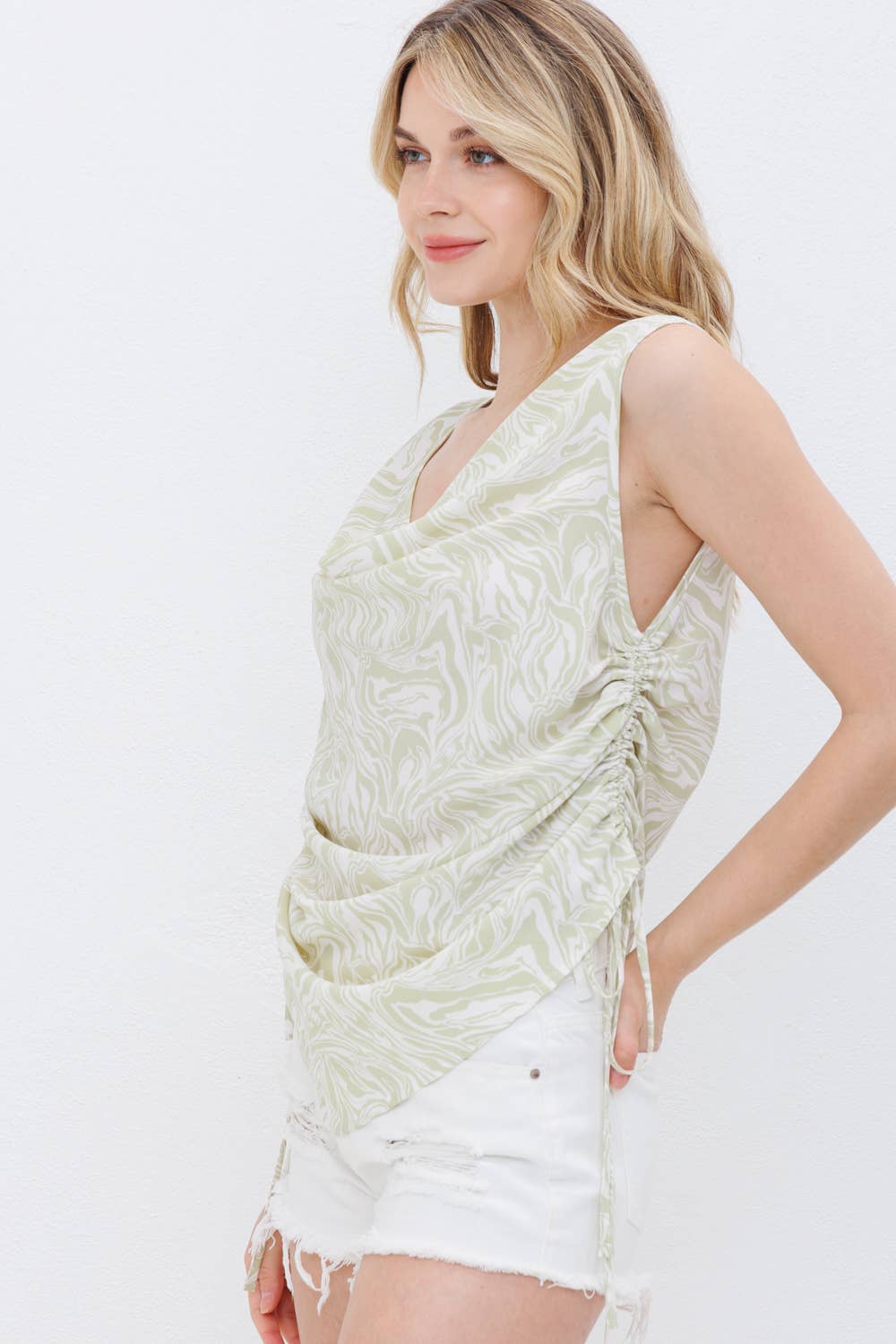 31666T - Koshibo Marble Print Cowl Neck Cinched Side Blouse - Texas Front Porch