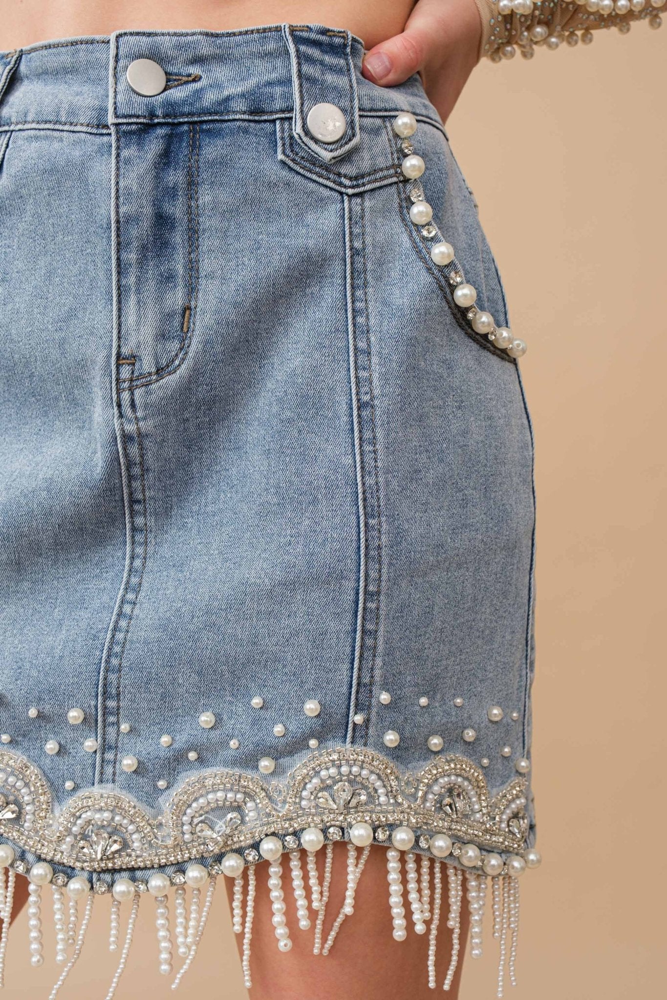 80038S - Stretch Denim Embellished Pearl Fringe Mini Skirt - Texas Front Porch