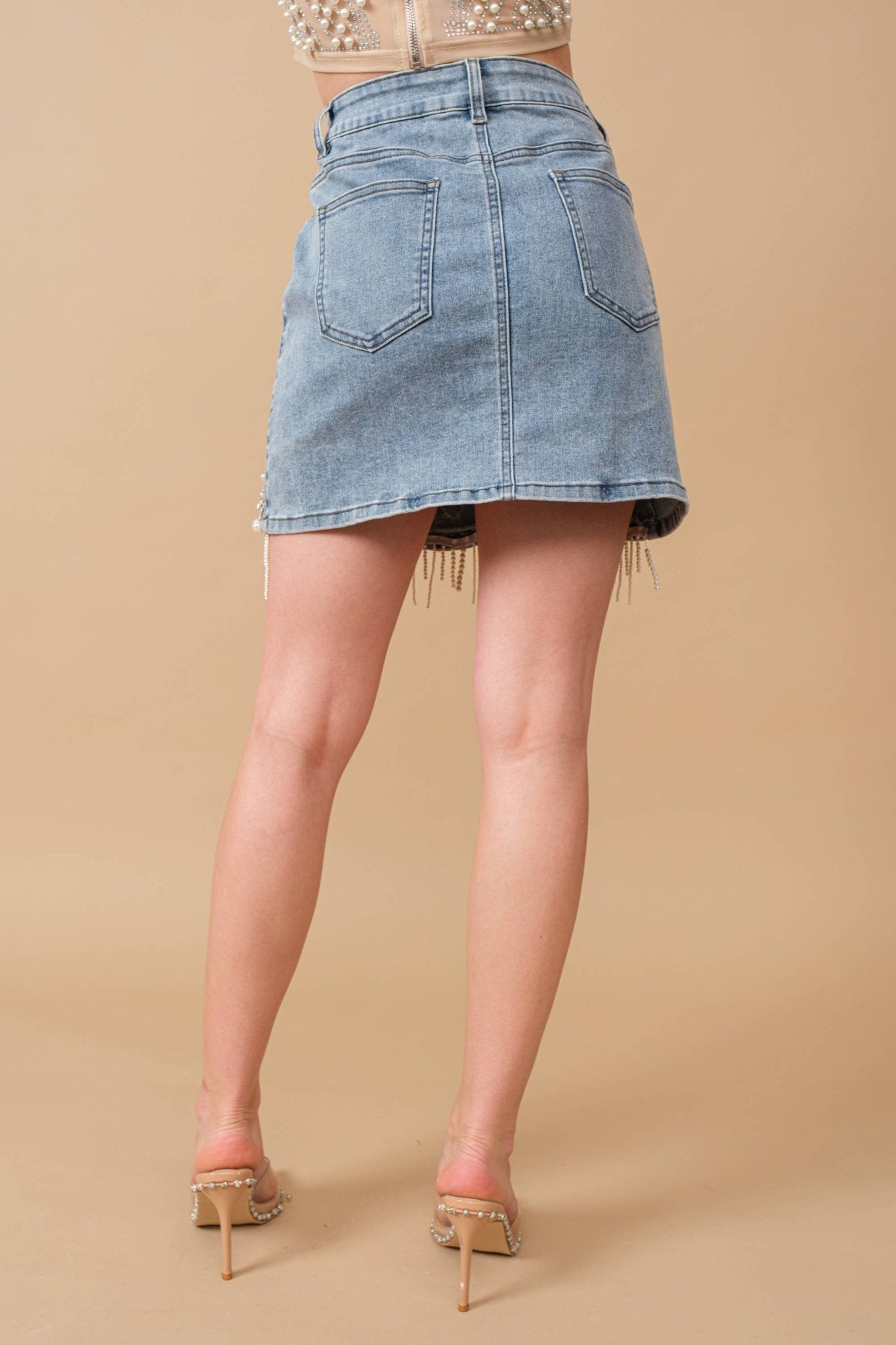 80038S - Stretch Denim Embellished Pearl Fringe Mini Skirt - Texas Front Porch