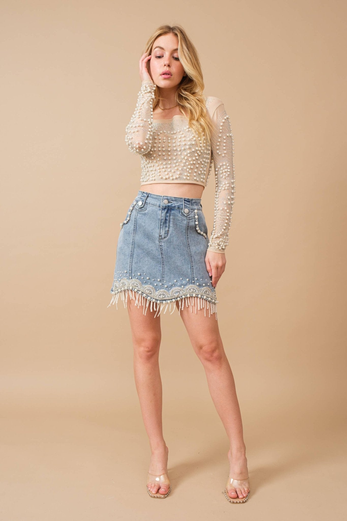 80038S - Stretch Denim Embellished Pearl Fringe Mini Skirt - Texas Front Porch