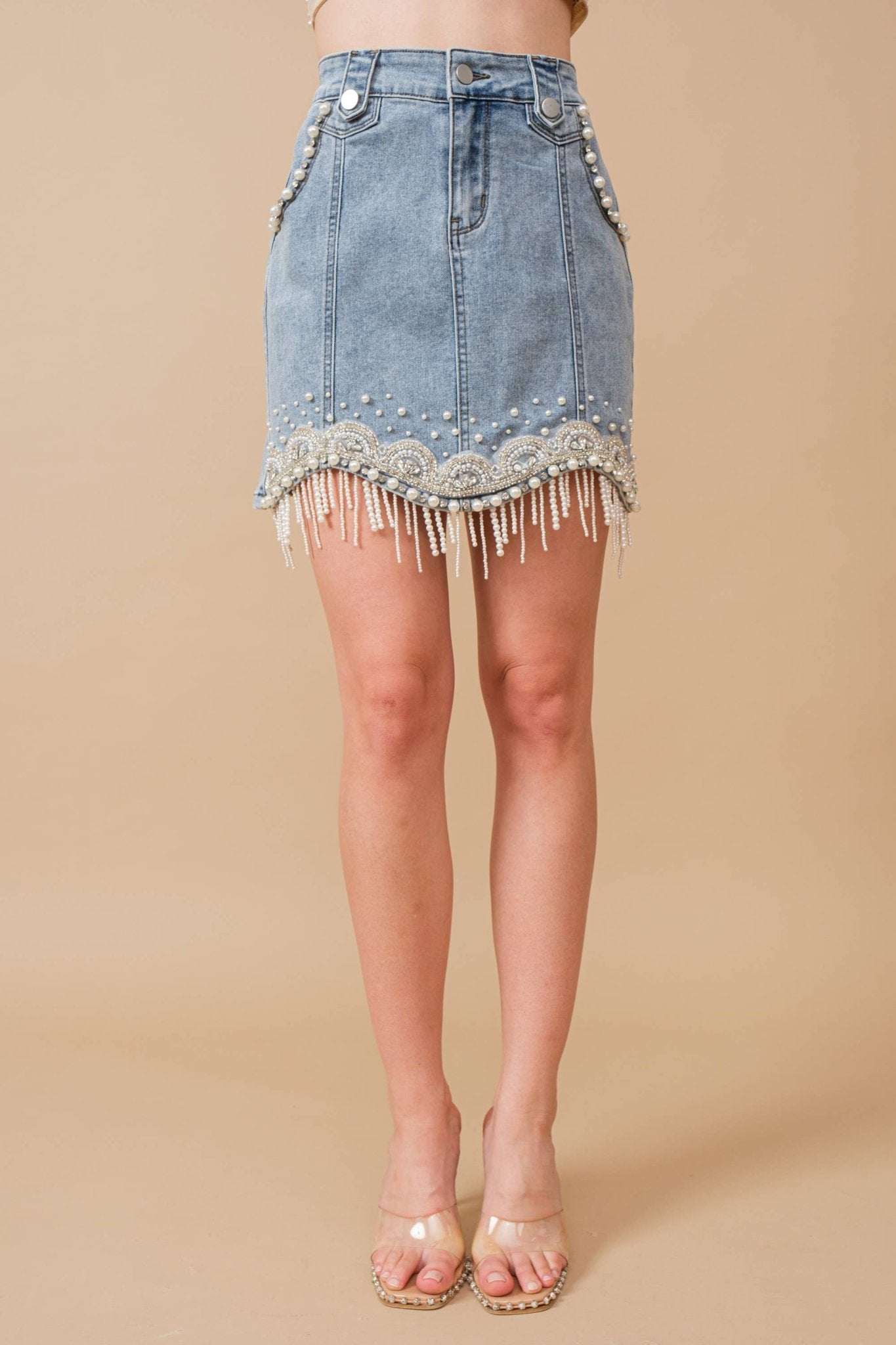 80038S - Stretch Denim Embellished Pearl Fringe Mini Skirt - Texas Front Porch