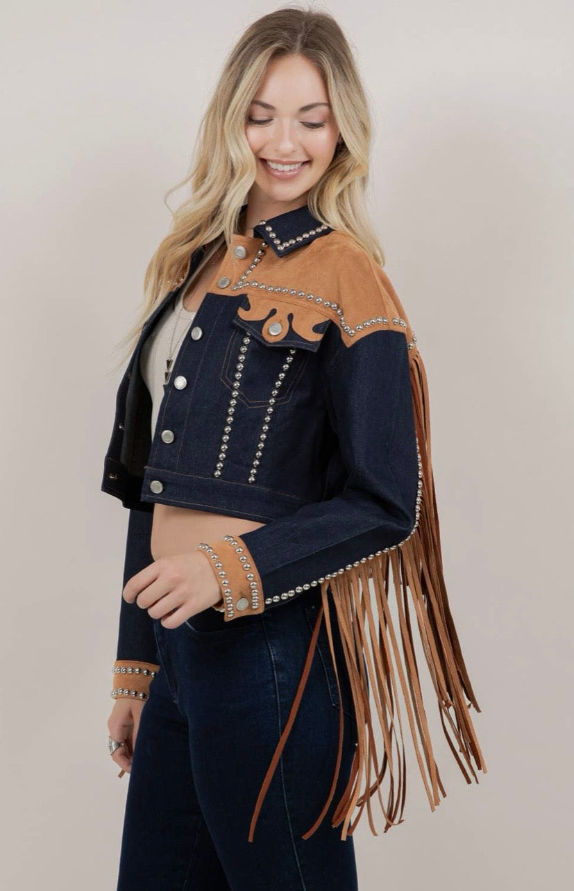 Contrast Yoke Fringe and Full Studded Denim Jacket