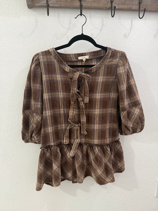 Washed Plaid Tie-Front Peplum Blouse