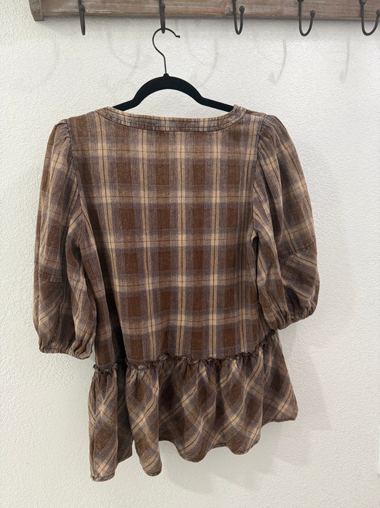 Washed Plaid Tie-Front Peplum Blouse