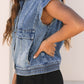 Acid Wash Elastic Hem Button Up Denim Vest - Texas Front Porch