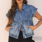 Acid Wash Elastic Hem Button Up Denim Vest - Texas Front Porch