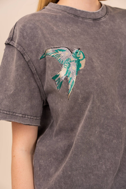 Bird Embroidered Mineral Wash Tee - Texas Front Porch